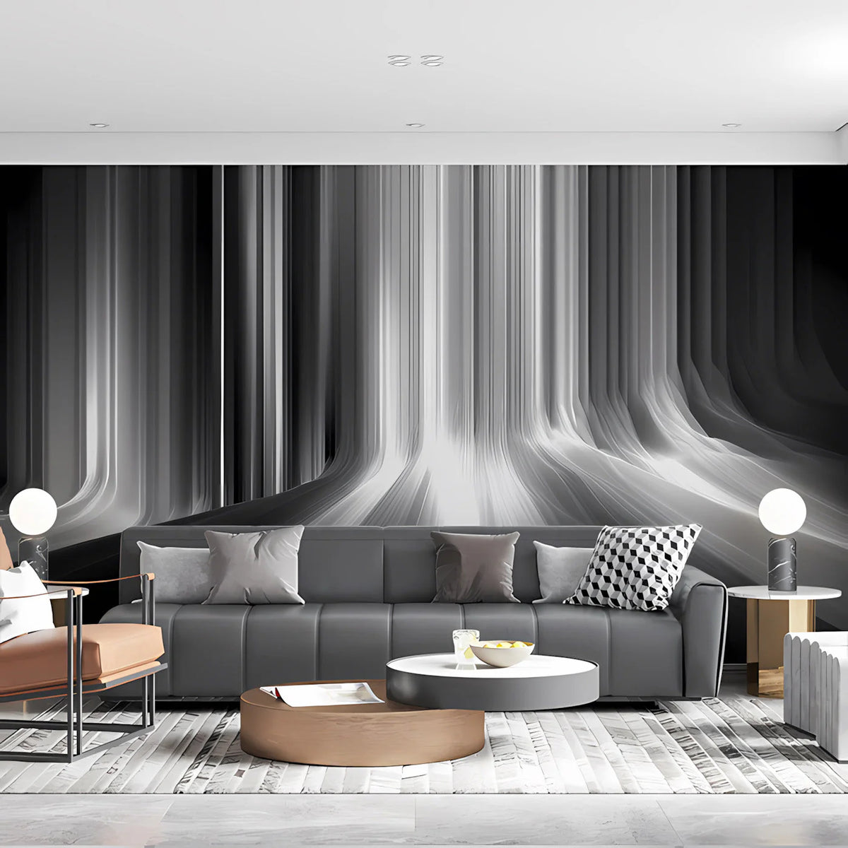 Monochrome Linear Waterfall Mural Wallpaper — Abstract Modern Art Mural Wallpaper - room preview 03