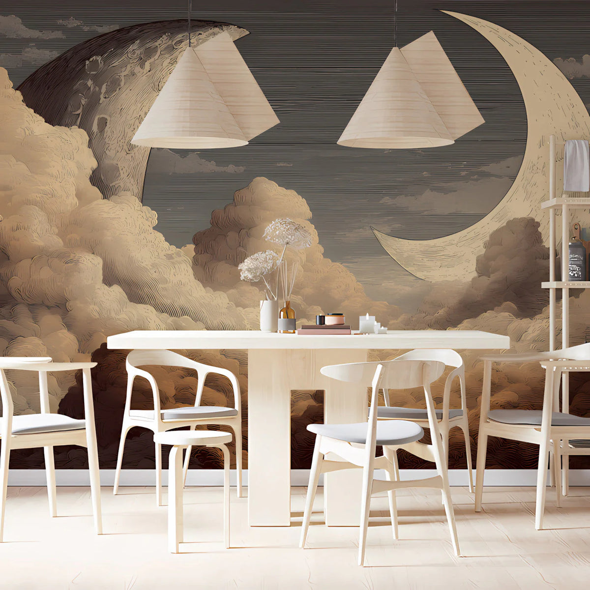 Celestial Moon and Clouds Mural Wallpaper — Etched Vintage Style Mural Wallpaper - room preview 03