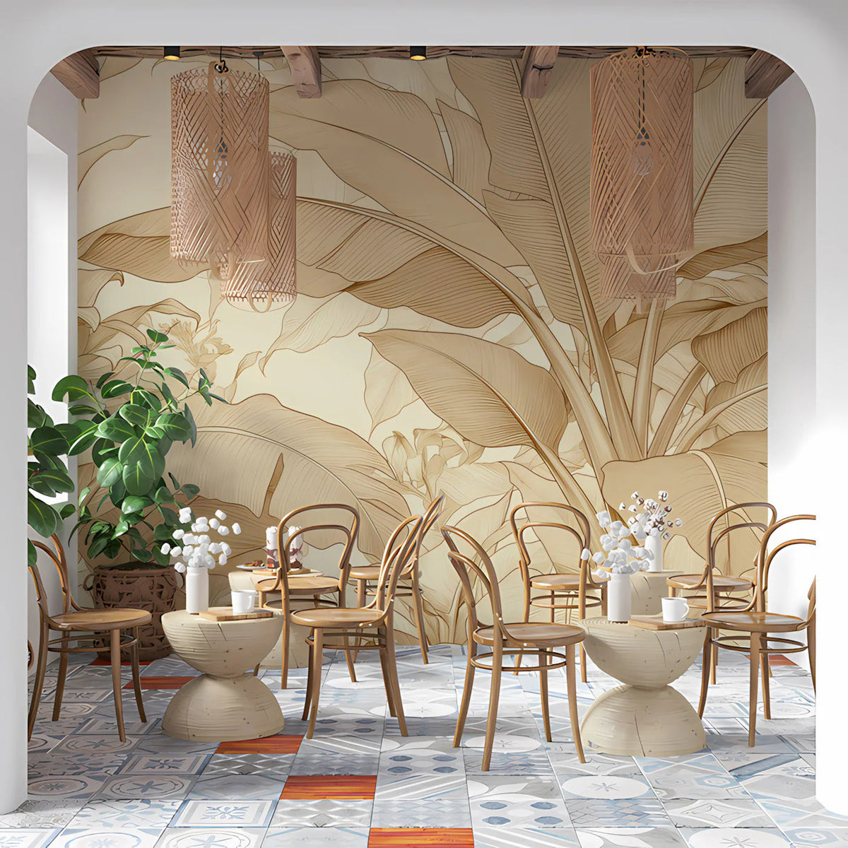 Monochrome Banana Leaf Mural Wallpaper — Botanical Line Art Mural Wallpaper - room preview 03