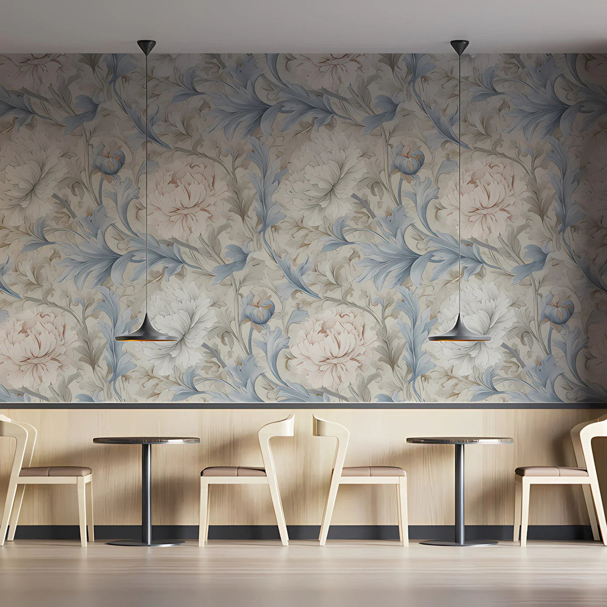 Peony Botanical Mural Wallpaper in Soft Dusky Blue and Cream Mural Wallpaper - room preview 03