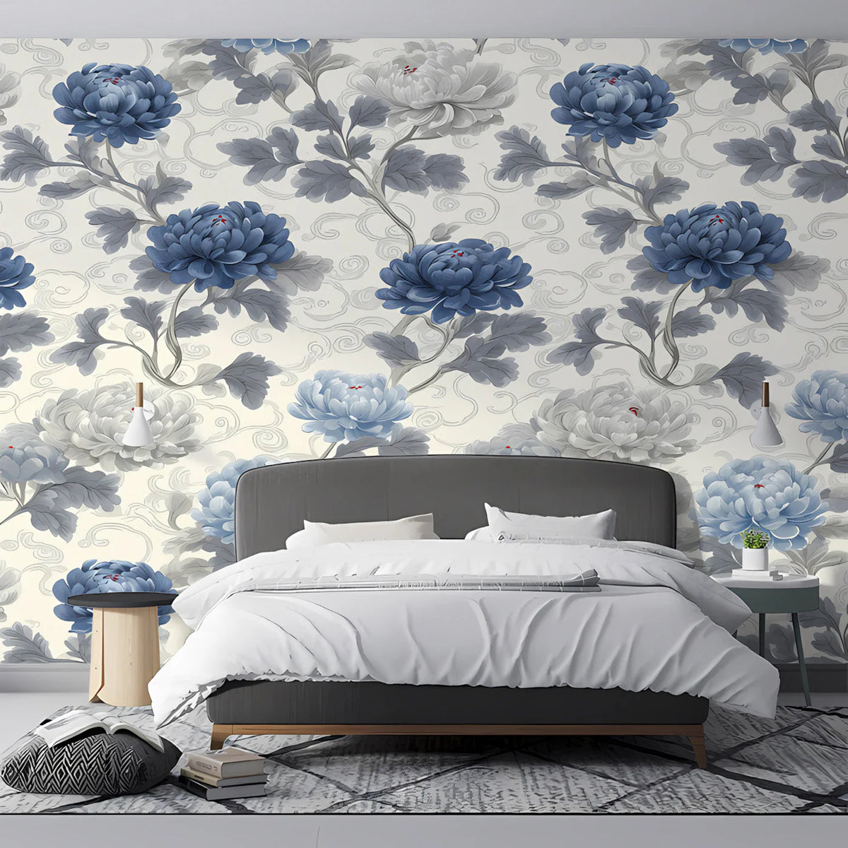 Chinoiserie Chrysanthemum Floral Mural Wallpaper in Blue and Cream Mural Wallpaper - room preview 03