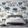 Chinoiserie Chrysanthemum Floral Mural Wallpaper in Blue and Cream Mural Wallpaper - room preview 03