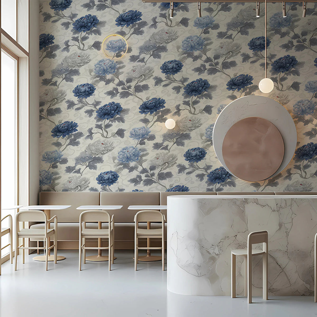 Chinoiserie Floral Mural Wallpaper in Classic Blue and Cream Mural Wallpaper - room preview 03