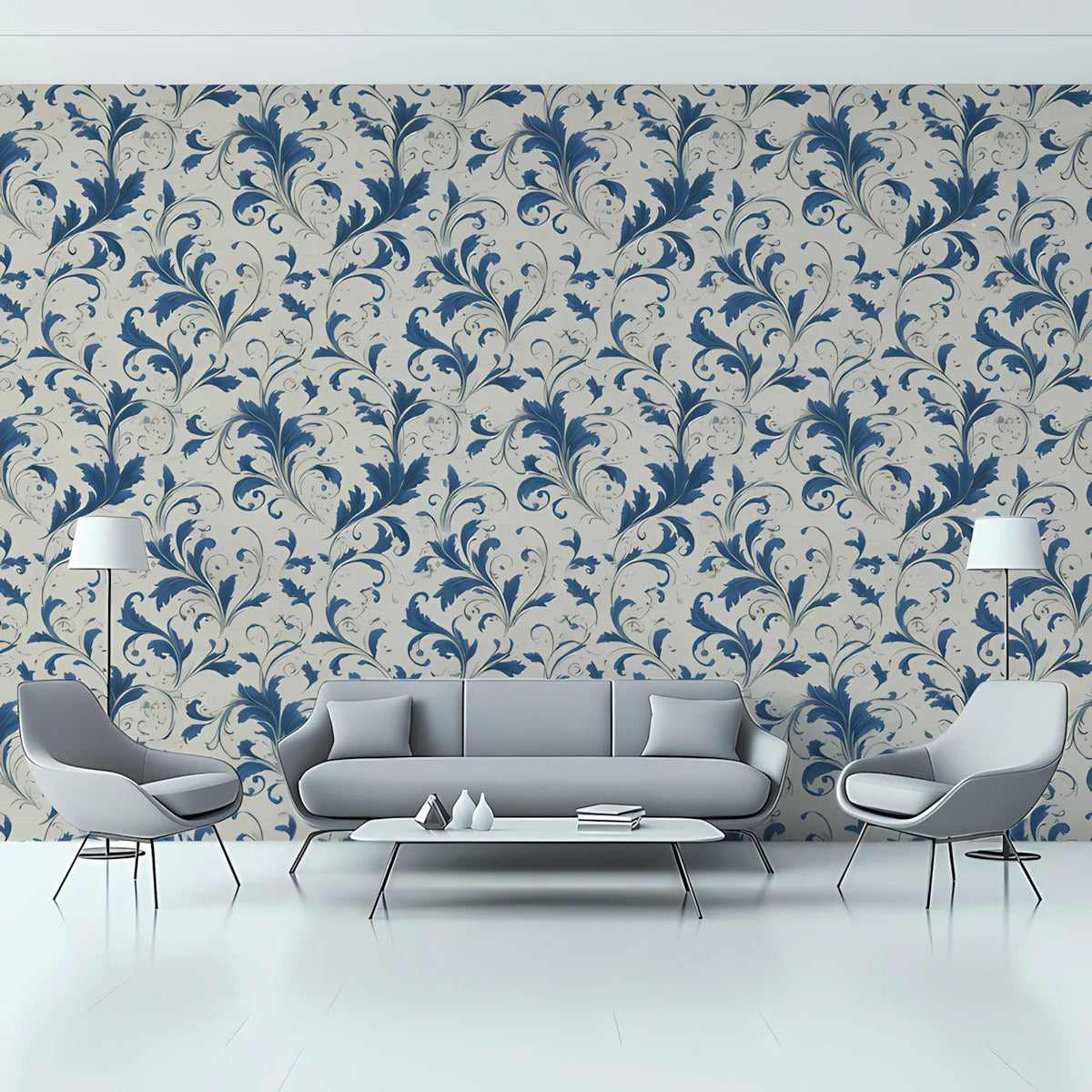 Indigo Acanthus Leaf Mural Wallpaper — Classic Floral Design Mural Wallpaper - room preview 03
