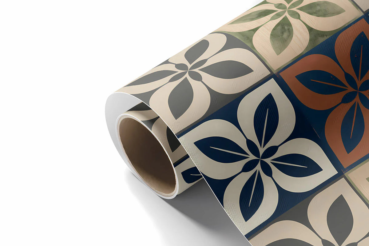 Mediterranean Tile Mural Wallpaper with Watercolor Floral Motifs Mural Wallpaper - room preview 03