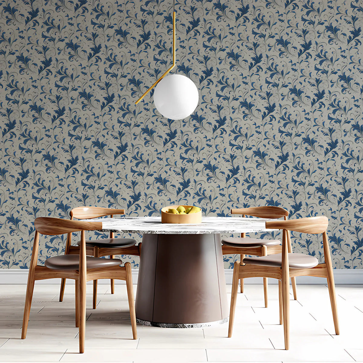 Indigo Scrollwork Mural Wallpaper — Classic Floral Pattern Mural Wallpaper - room preview 03
