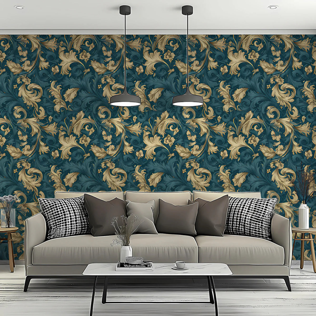 Damask Scroll Mural Wallpaper — Midnight Teal and Gilded Gold Mural Wallpaper - room preview 03