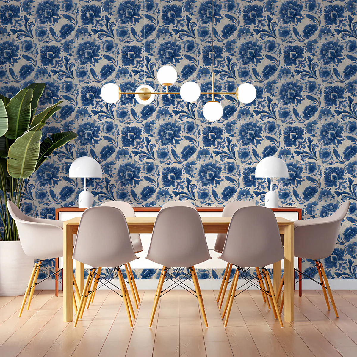 Indigo Floral Damask Mural Wallpaper — Classic Ornamental Style Mural Wallpaper - room preview 03