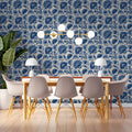 Indigo Floral Damask Mural Wallpaper — Classic Ornamental Style Mural Wallpaper - room preview 03