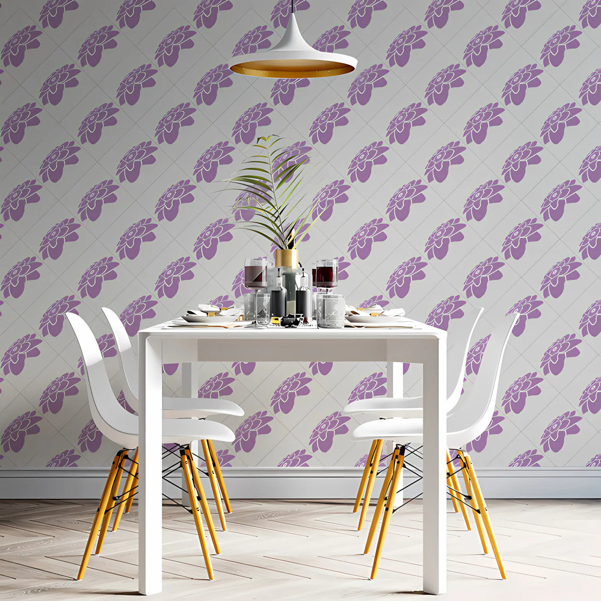 Lilac Floral Geometric Mural Wallpaper — Soft Botanical Pattern Mural Wallpaper - room preview 03