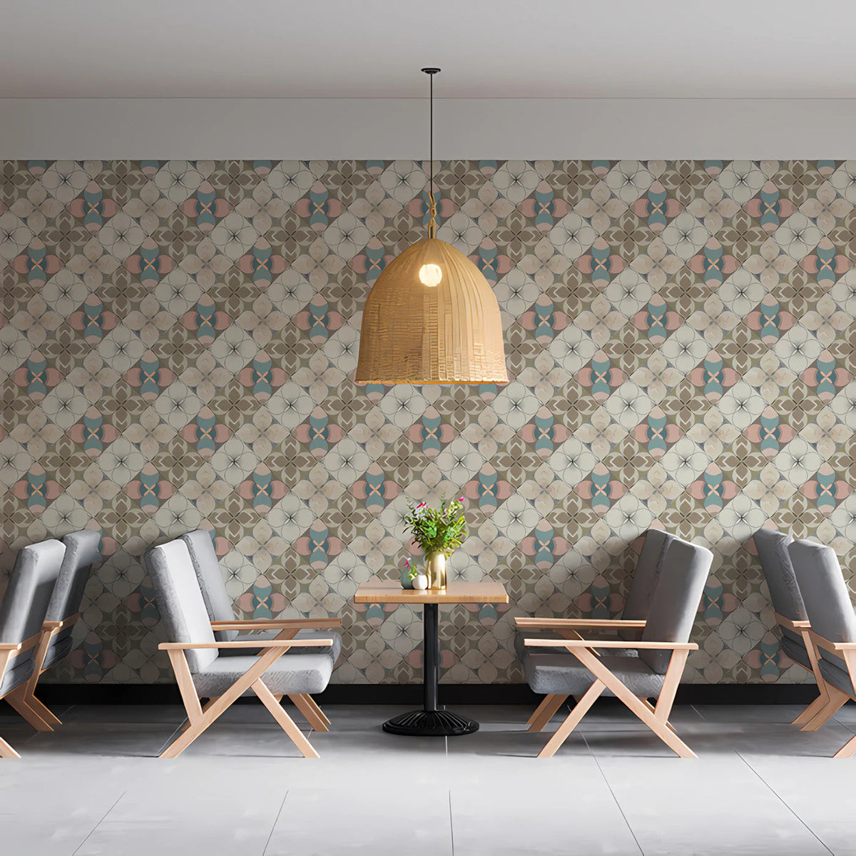 Geometric Floral Tile Mural Wallpaper —Soft Pastel Art Nouveau Mural Wallpaper - room preview 03