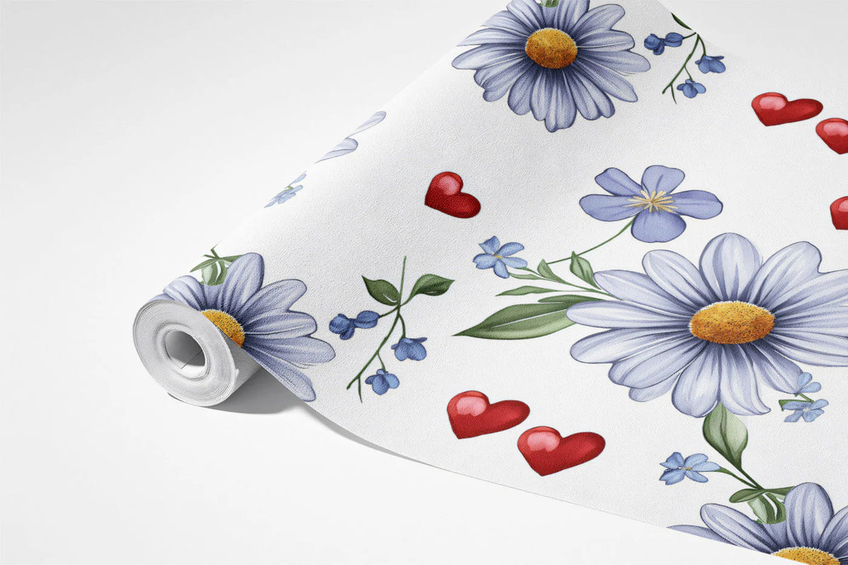 Daisies and Hearts Floral Mural Wallpaper — Whimsical Style Mural Wallpaper - room preview 03