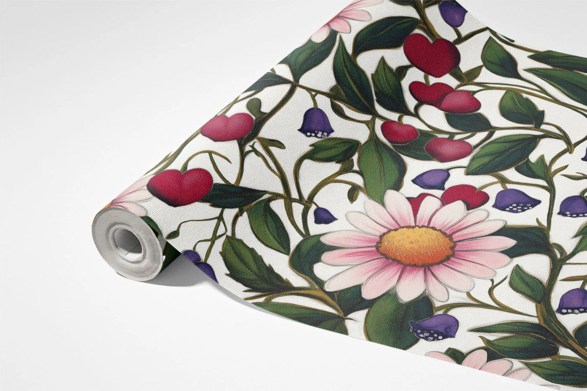 Botanical Meadow Mural Wallpaper in Soft Pink and Forest Green Mural Wallpaper - room preview 03