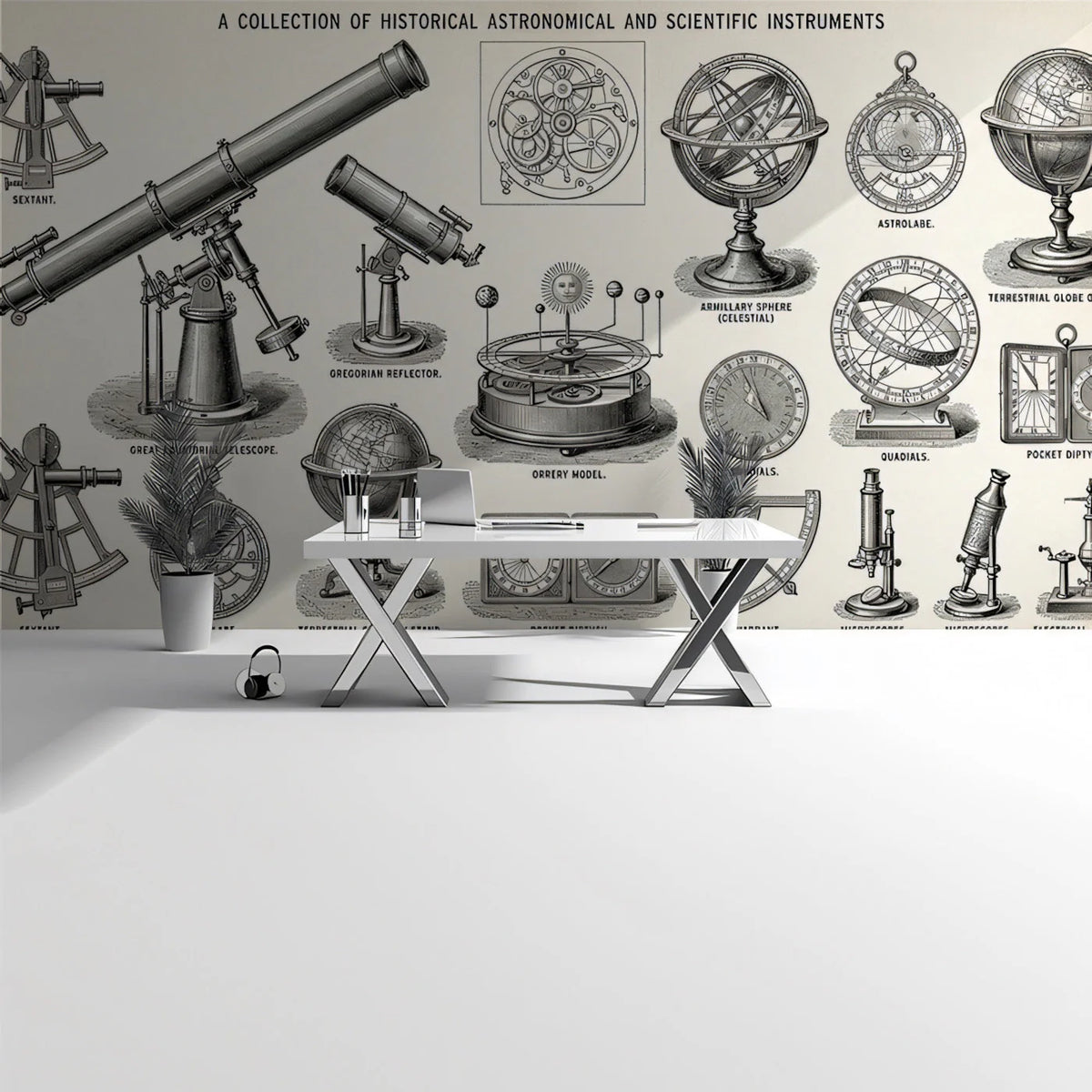 Historical Astronomical Instruments Mural Wallpaper in Ink Black Mural Wallpaper - room preview 03