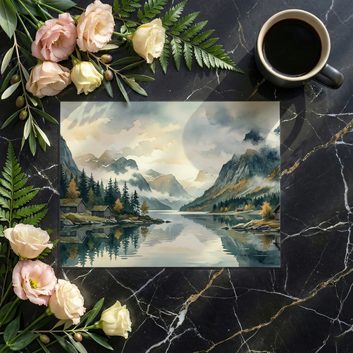 Mist-Covered Alpine Lake Mural Wallpaper — Watercolor Landscape Mural Wallpaper - room preview 03