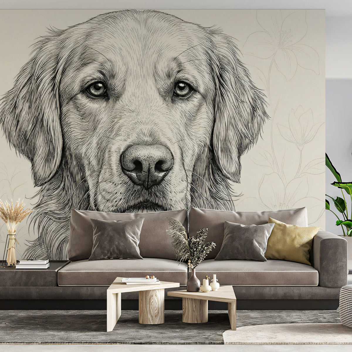 Golden Retriever Sketch Mural Wallpaper — Classic Ink Line Art Mural Wallpaper - room preview 03