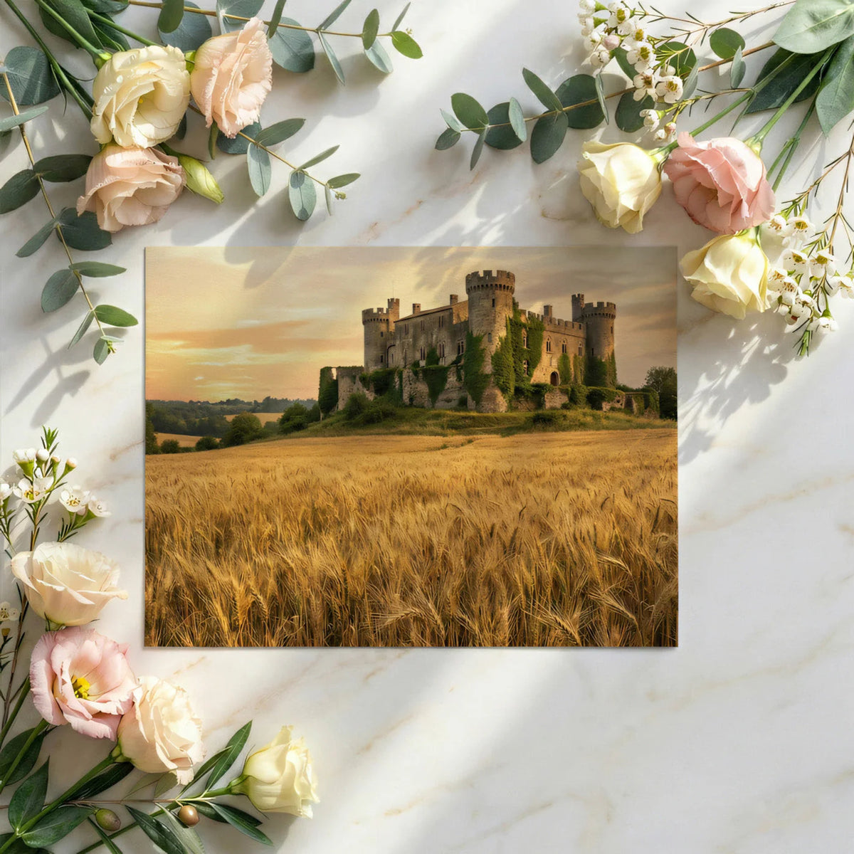 Medieval Castle and Wheat Field Mural Wallpaper at Golden Hour Mural Wallpaper - room preview 03