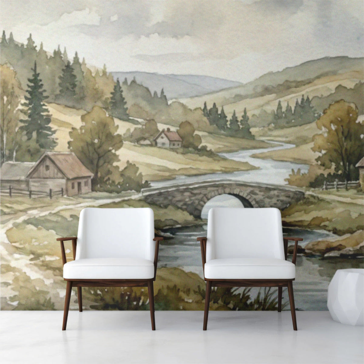 Watercolor Countryside Bridge Mural Wallpaper — Pastoral Landscape Mural Wallpaper - room preview 03