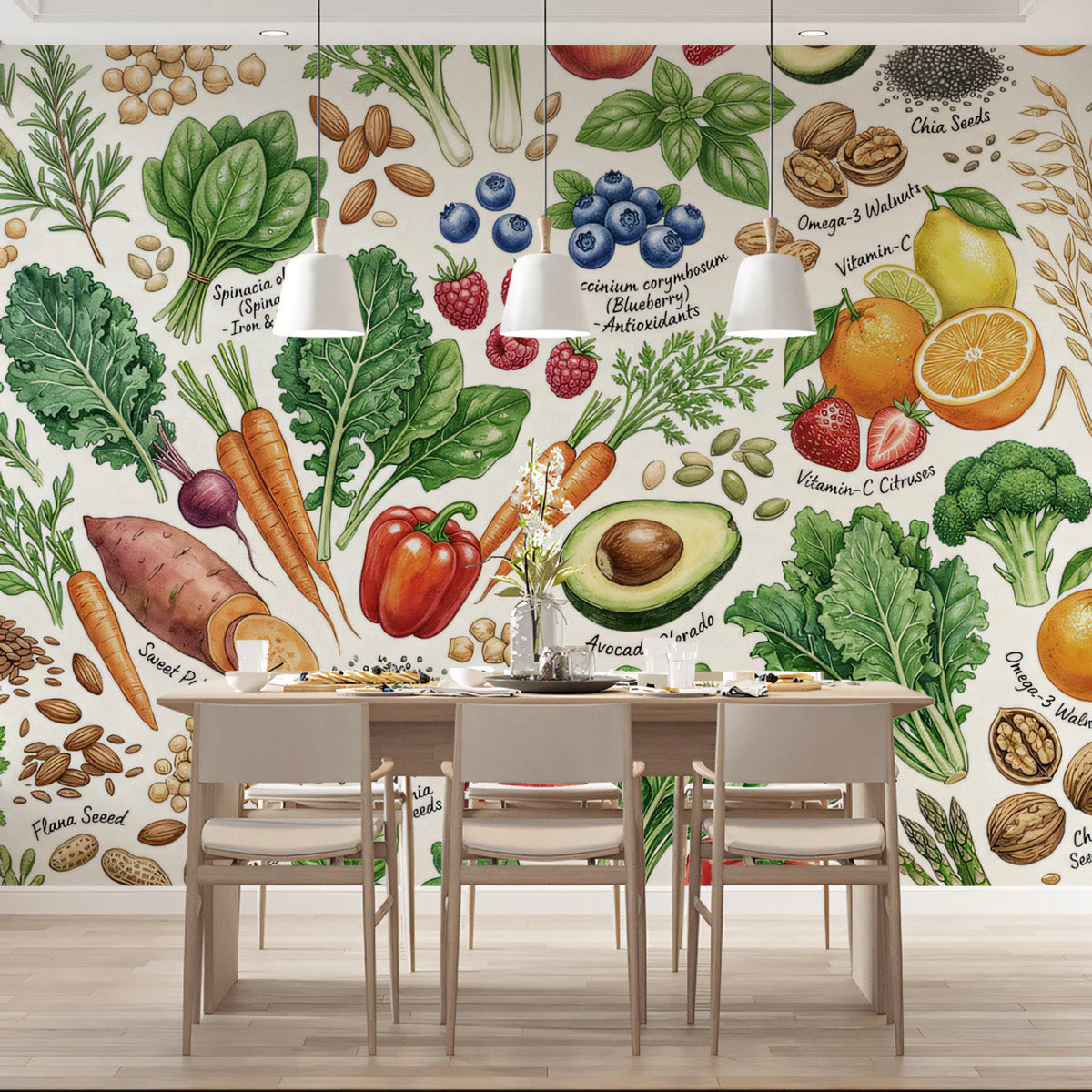 Botanical Superfood Garden Mural Wallpaper in Culinary Illustration Mural Wallpaper - room preview 03