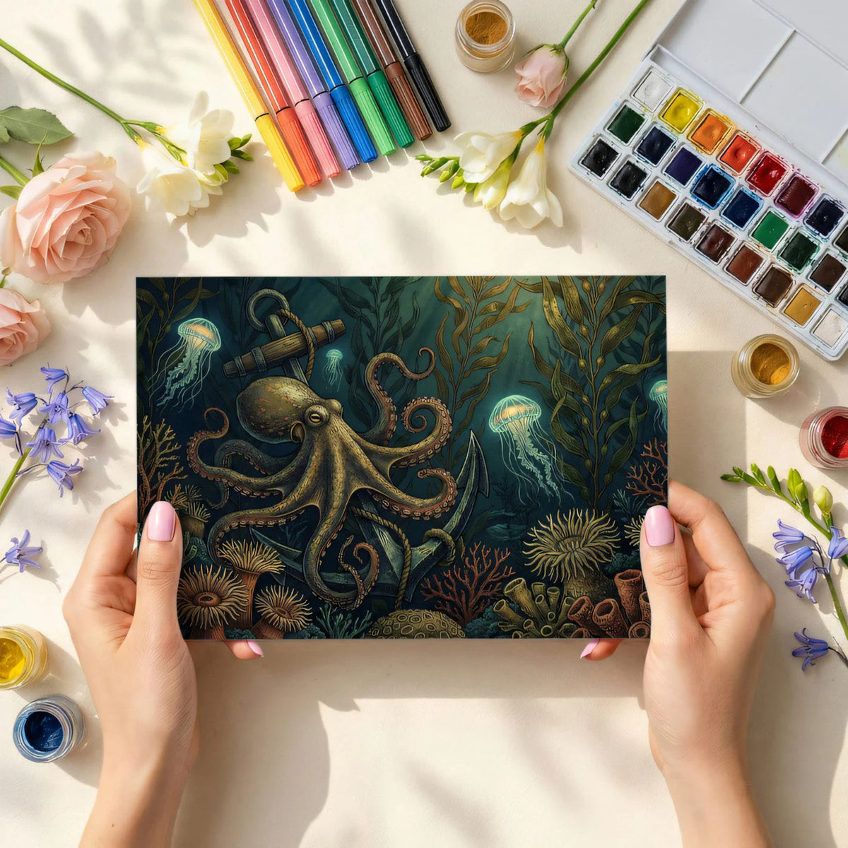 Deep Sea Octopus and Jellyfish Mural Wallpaper — Nautical Marine Art Mural Wallpaper - room preview 03