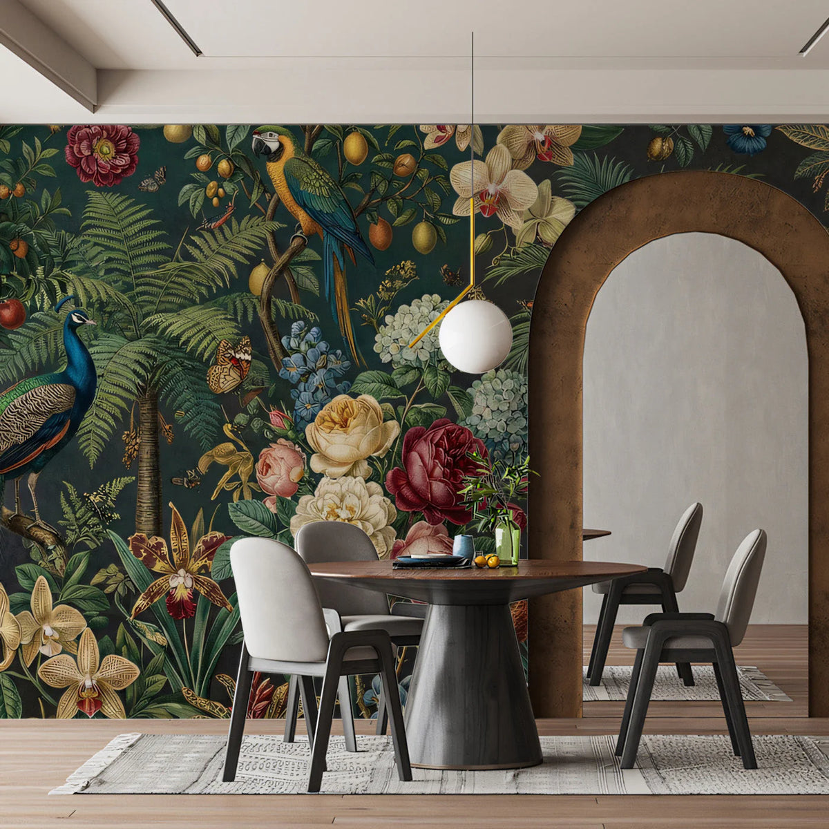 Exotic Botanical Peacock Mural Wallpaper in Deep Forest Green Mural Wallpaper - room preview 03