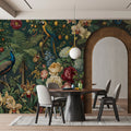 Exotic Botanical Peacock Mural Wallpaper in Deep Forest Green Mural Wallpaper - room preview 03