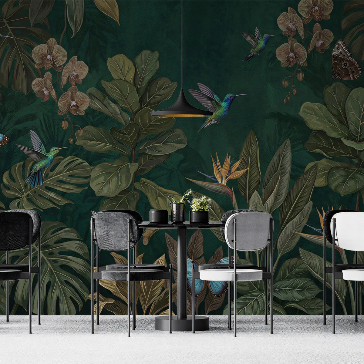 Tropical Jungle Sanctuary Mural Wallpaper — Dark Botanical Design Mural Wallpaper - room preview 03