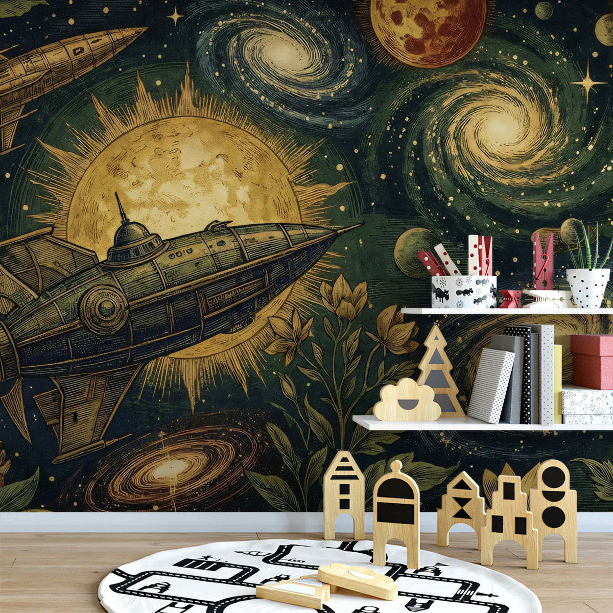 Vintage Space Botanical Mural Wallpaper — Cosmic Retro Illustration Mural Wallpaper - room preview 03