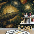 Vintage Space Botanical Mural Wallpaper — Cosmic Retro Illustration Mural Wallpaper - room preview 03