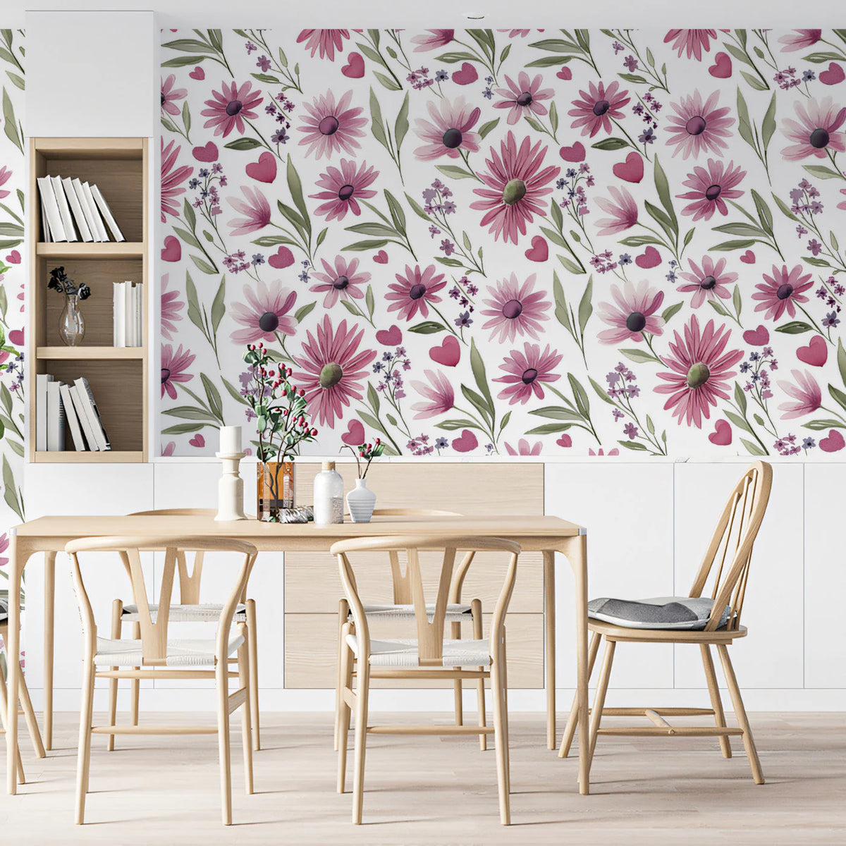 Pink Daisy and Heart Floral Mural Wallpaper — Whimsical Decor Mural Wallpaper - room preview 03