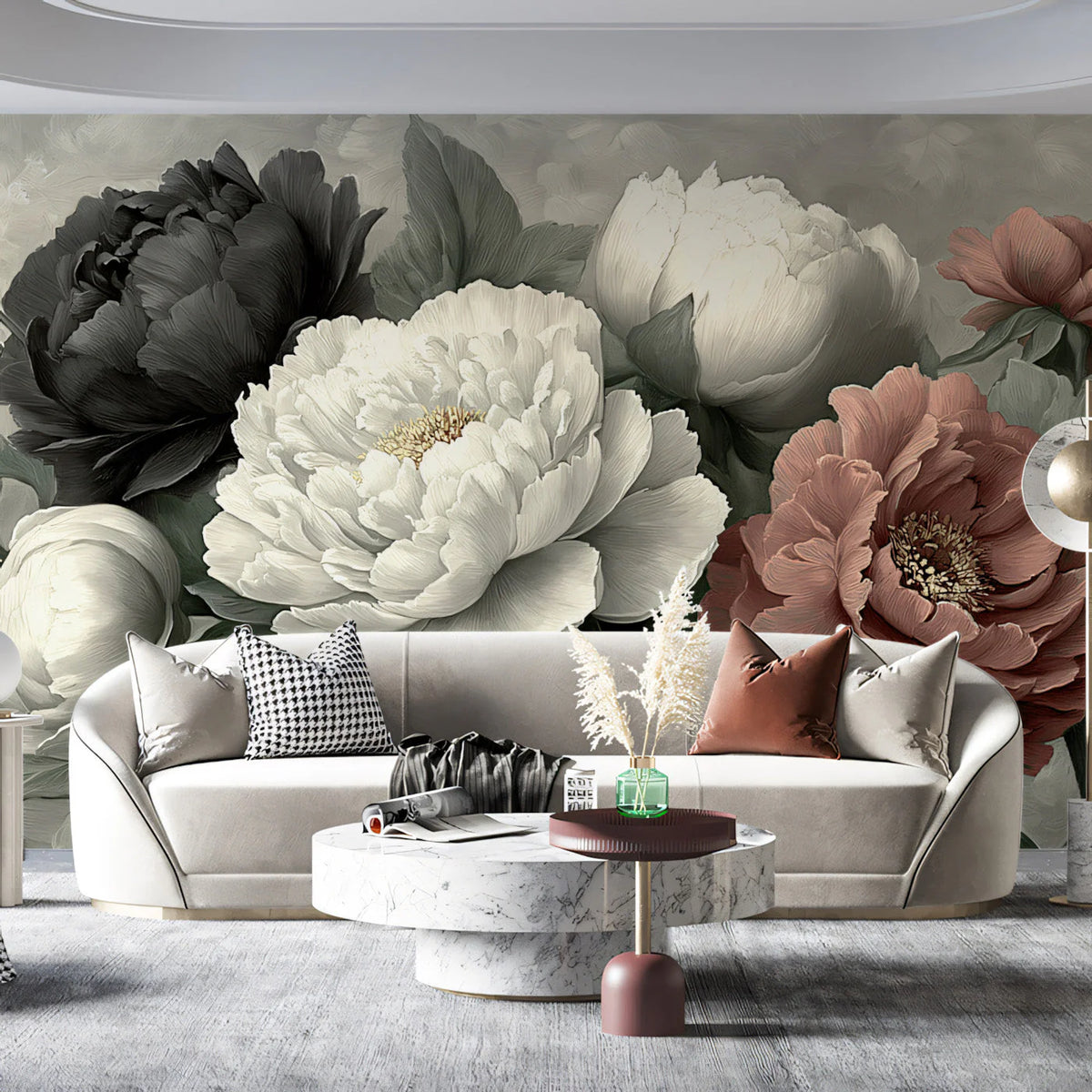 Vintage Peony Bouquet Mural Wallpaper —Artistic Floral Print Mural Wallpaper - room preview 03