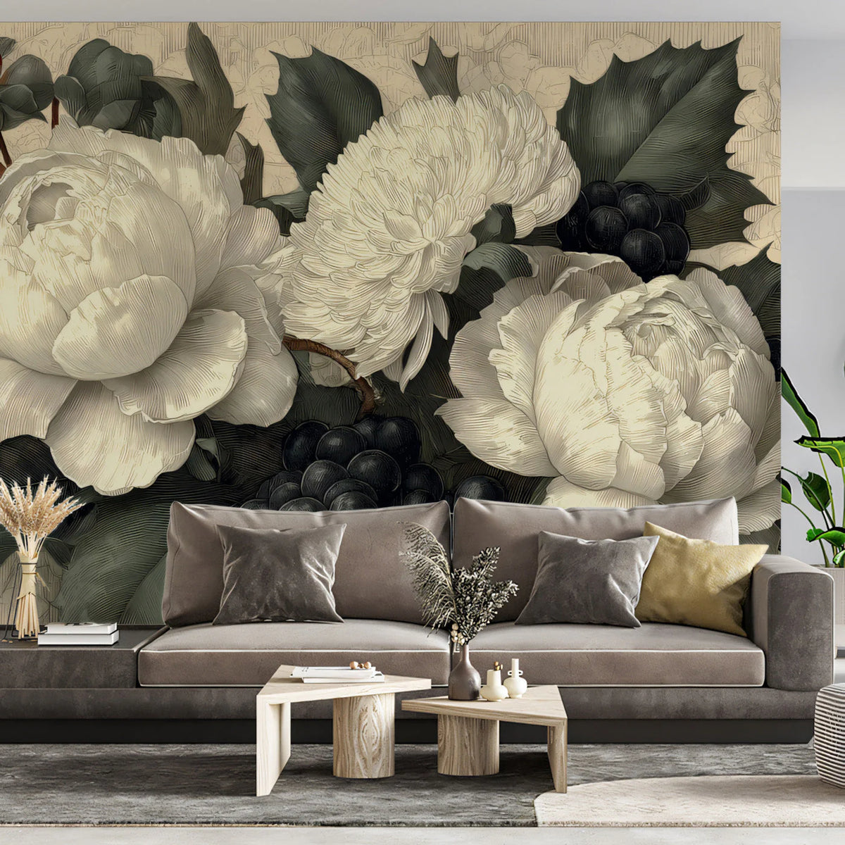 Botanical Still Life Mural Wallpaper — Vintage Floral Art Mural Wallpaper - room preview 03