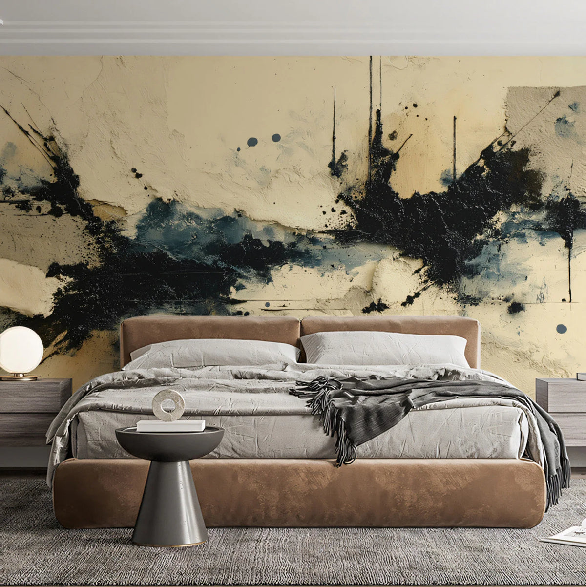 Abstract Plaster Texture Mural Wallpaper in Monochrome and Navy Mural Wallpaper - room preview 03