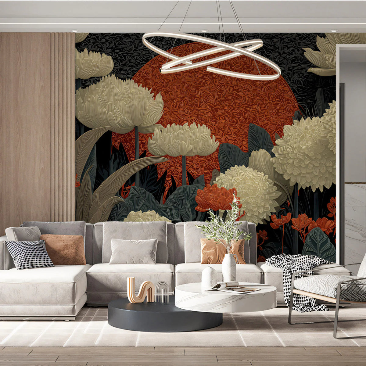 Cinnabar Moon Botanical Mural Wallpaper in Cream and Charcoal Mural Wallpaper - room preview 03