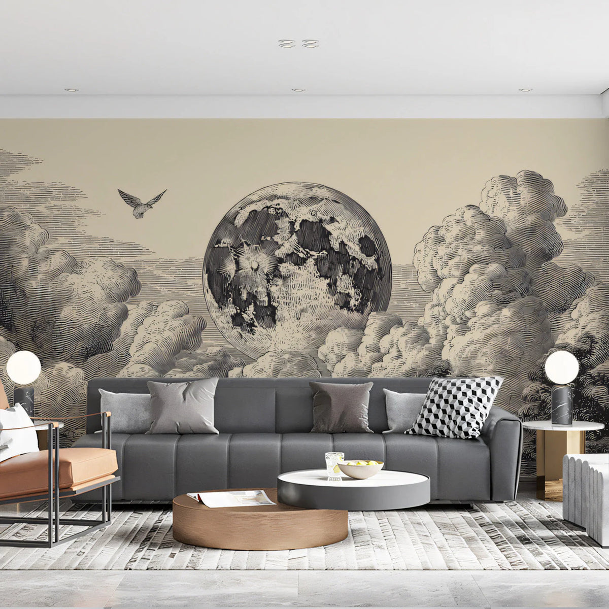 Vintage Lunar Moonscape Mural Wallpaper in Etched Style Mural Wallpaper - room preview 03