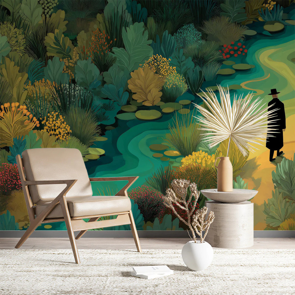Stroll by the Riverbank Mural Wallpaper — Artistic Nature Scene Mural Wallpaper - room preview 03