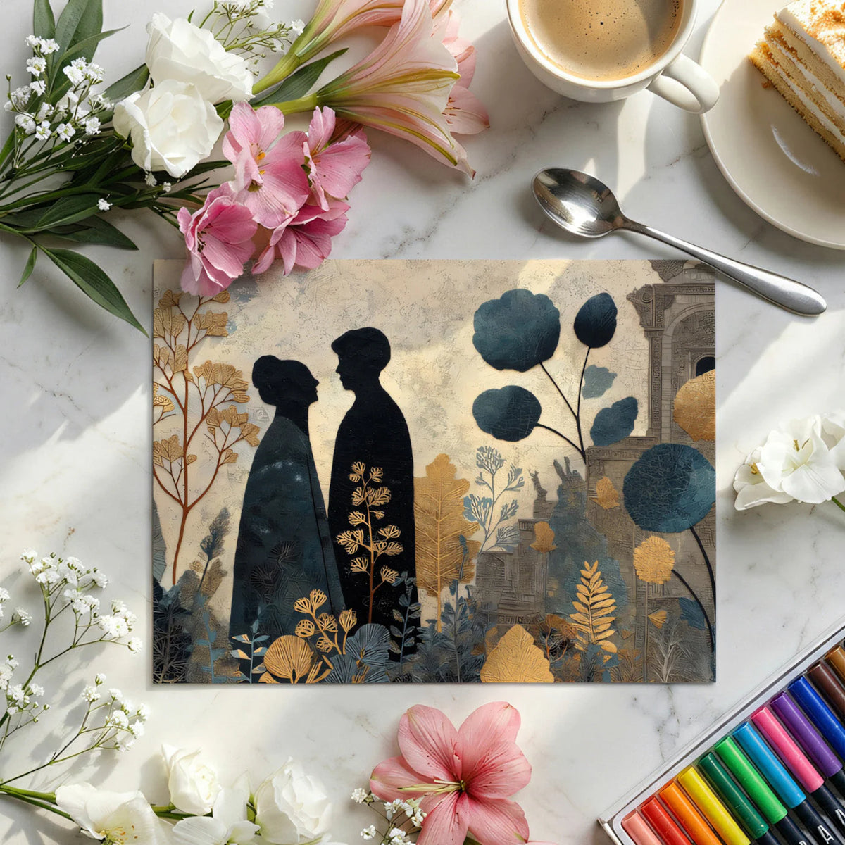 Starlit Garden Silhouette Mural Wallpaper in Gold and Slate Mural Wallpaper - room preview 03