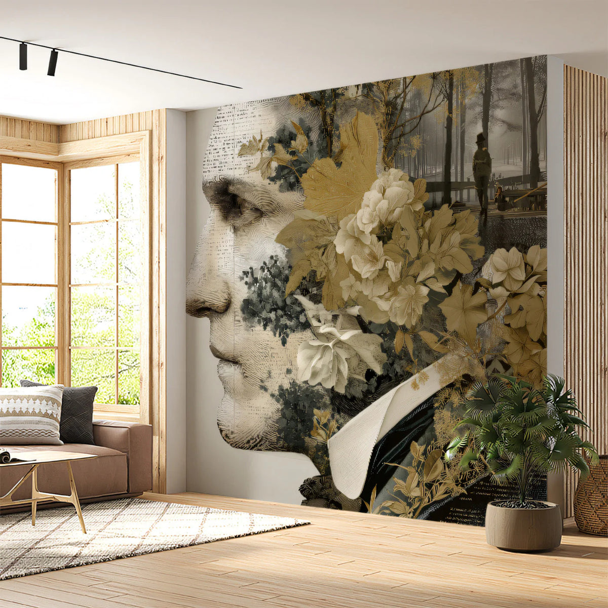 Renaissance Portrait Mural Wallpaper with Botanical Flourish Mural Wallpaper - room preview 03
