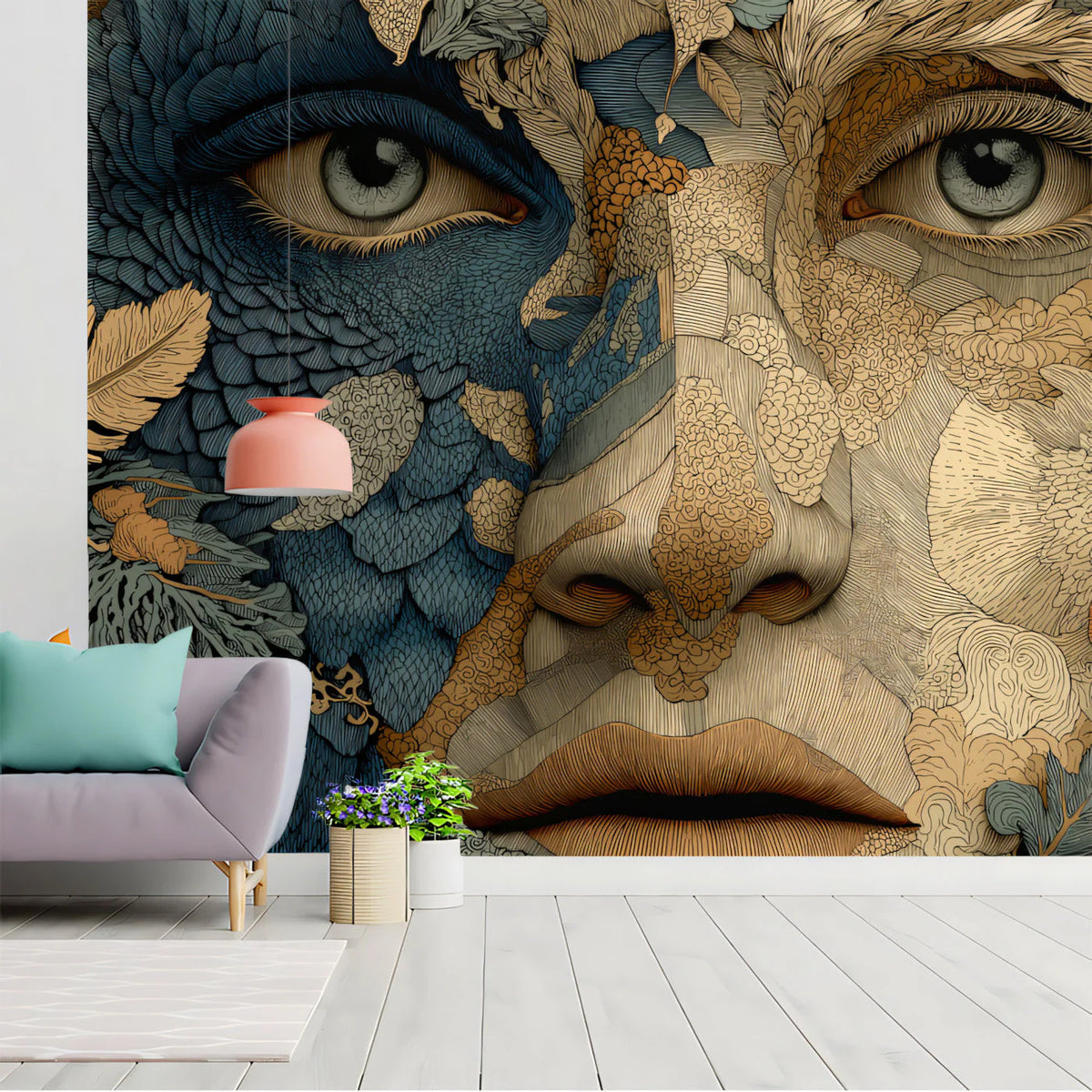 Surreal Botanical Portrait Mural Wallpaper — Artistic Line Art Mural Wallpaper - room preview 03