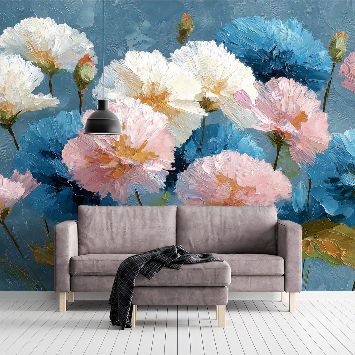 Impressionistic Floral Mural Wallpaper in Dusty Blue and Pink Mural Wallpaper - room preview 03