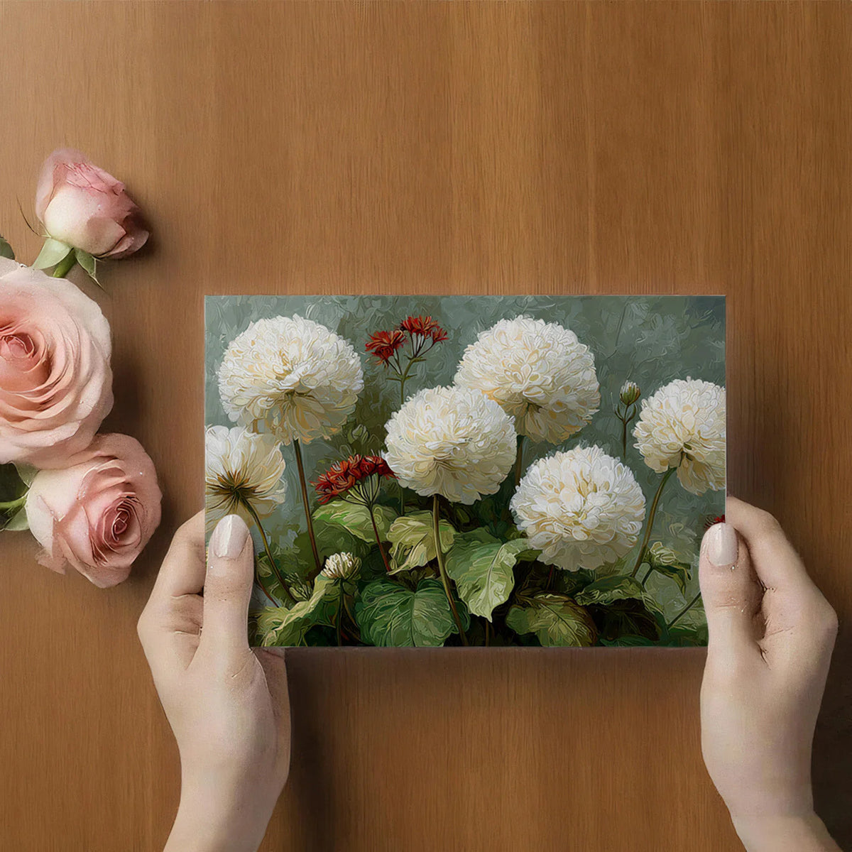White Pom-Pom Dahlia Mural Wallpaper — Botanical Impressionist Art Mural Wallpaper - room preview 03