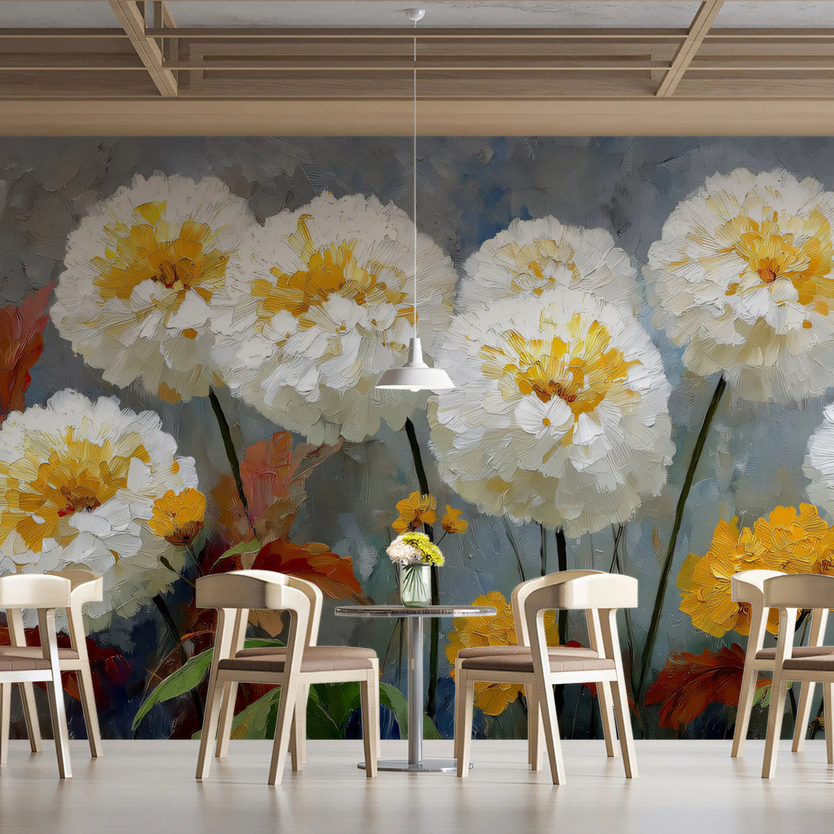 Impressionistic Marigold Bloom Mural Wallpaper in Yellow and Grey Mural Wallpaper - room preview 03