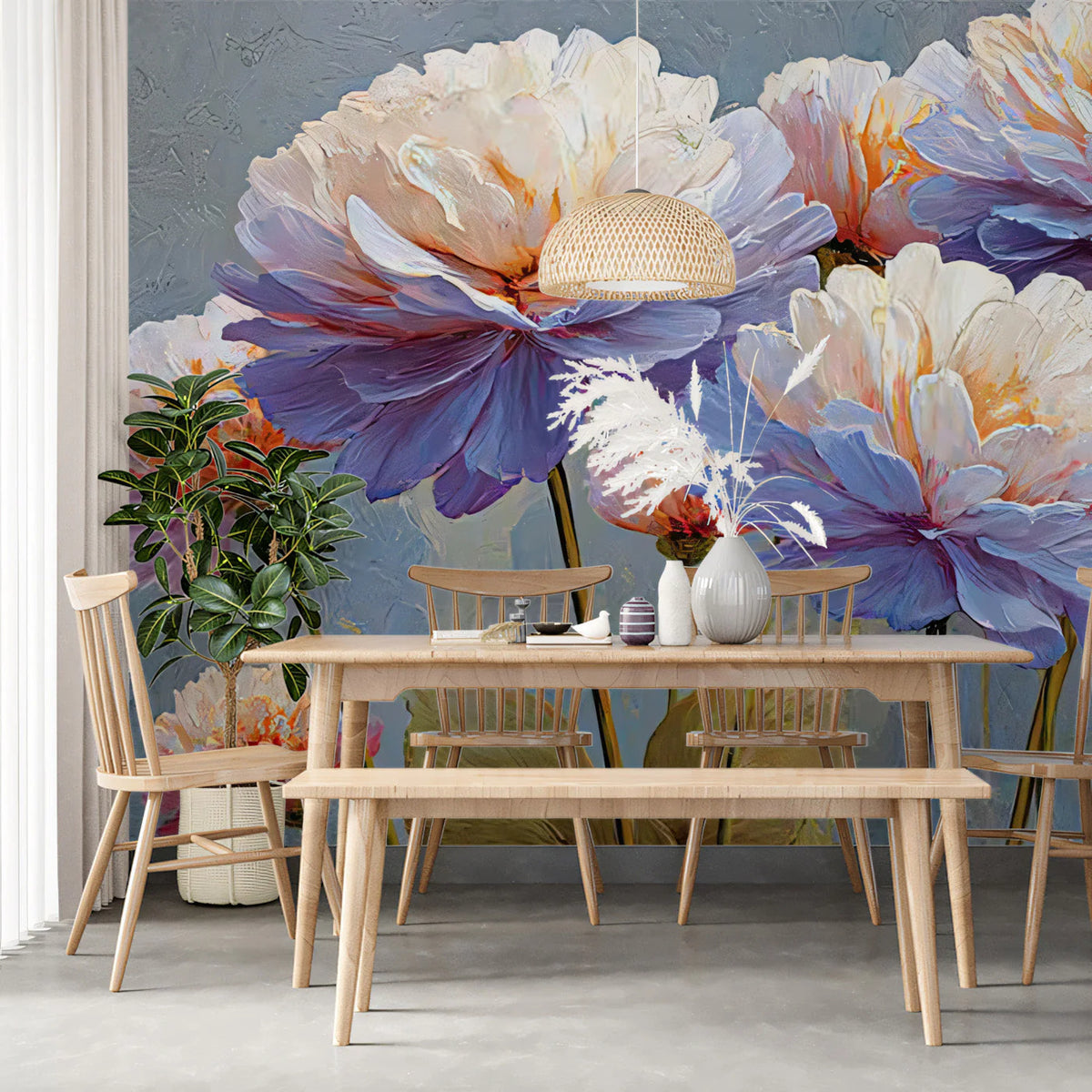 Impressionist Peony Floral Mural Wallpaper — Soft Artistic Bloom Mural Wallpaper - room preview 03