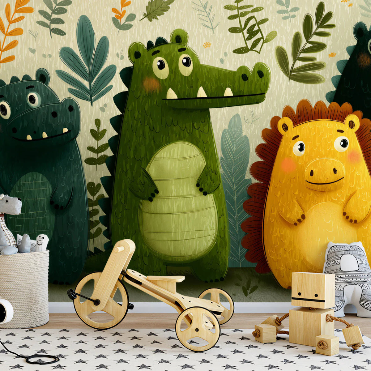 Friendly Forest Crocodile Mural Wallpaper —Whimsical Kids Pattern Mural Wallpaper - room preview 03