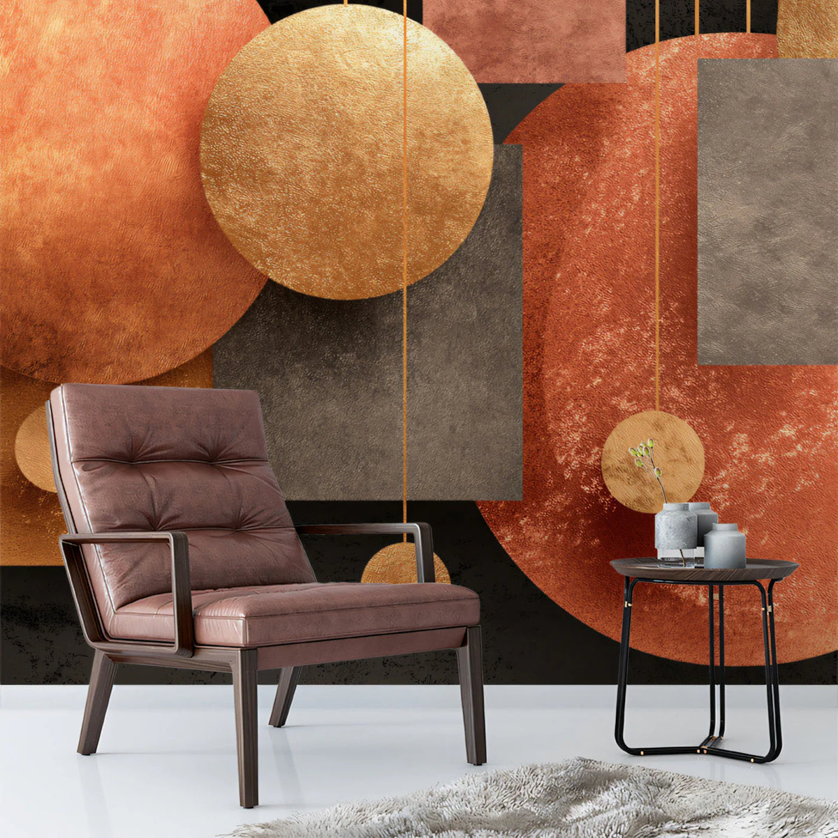Floating Geometric Mural Wallpaper in Warm Copper and Charcoal Mural Wallpaper - room preview 03