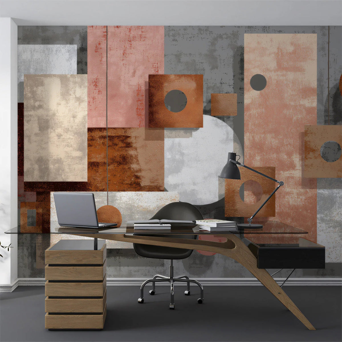 Abstract Geometric Blocks Mural Wallpaper in Copper and Blush Mural Wallpaper - room preview 03