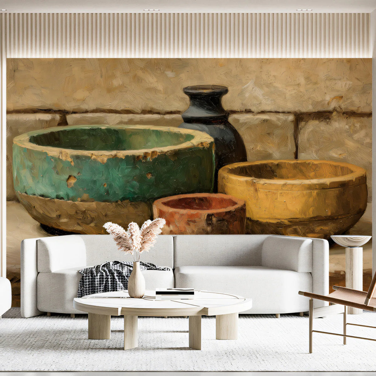Rustic Ceramic Still Life Mural Wallpaper — Earthy Oil Painting Mural Wallpaper - room preview 03