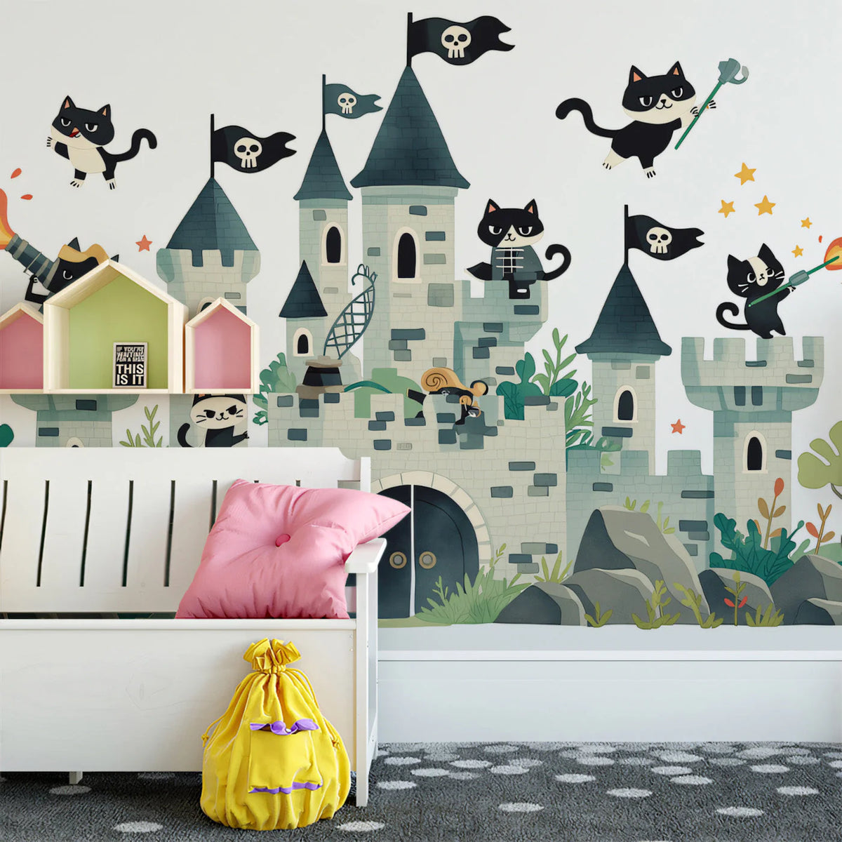 Cat Pirate Castle Mural Wallpaper — Whimsical Children's Adventure Mural Wallpaper - room preview 03
