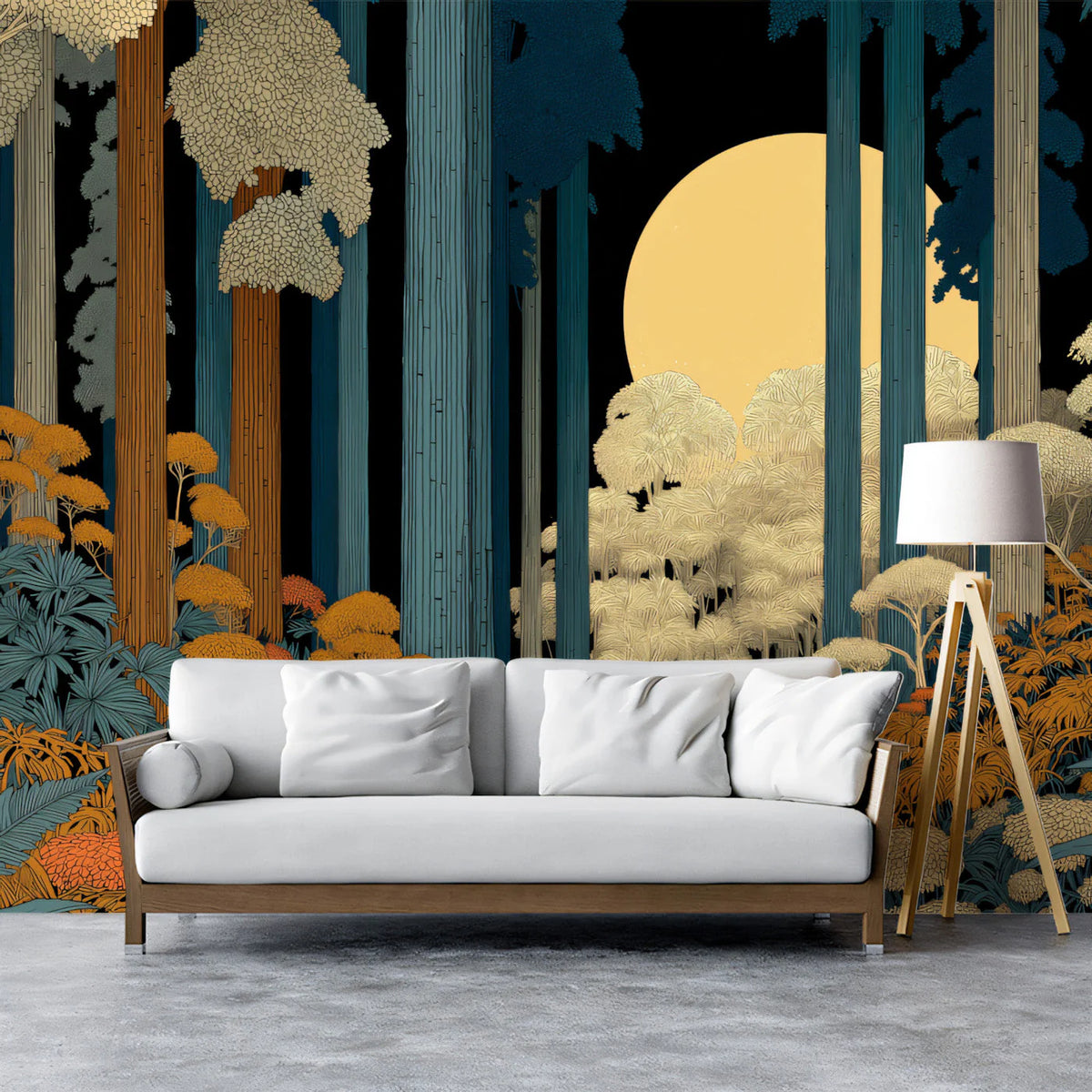 Midnight Forest Walk Mural Wallpaper — Stylized Nature Scene Mural Wallpaper - room preview 03