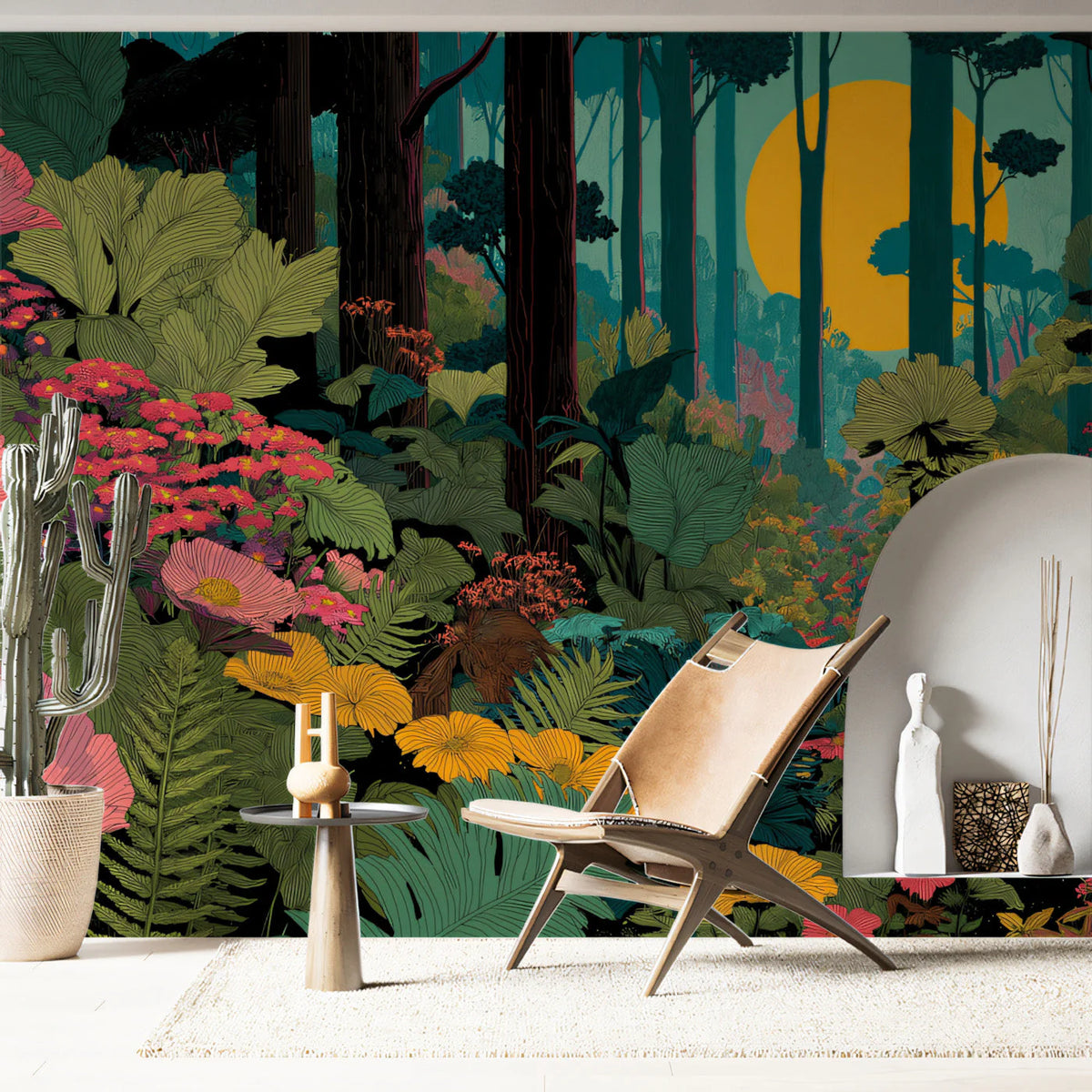 Sunlit Forest Botanical Mural Wallpaper — Whimsical Floral Art Mural Wallpaper - room preview 03